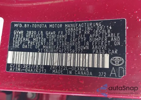2015 Toyota Corolla Le from USA, damaged, VIN 2T1BURHE4FC258277